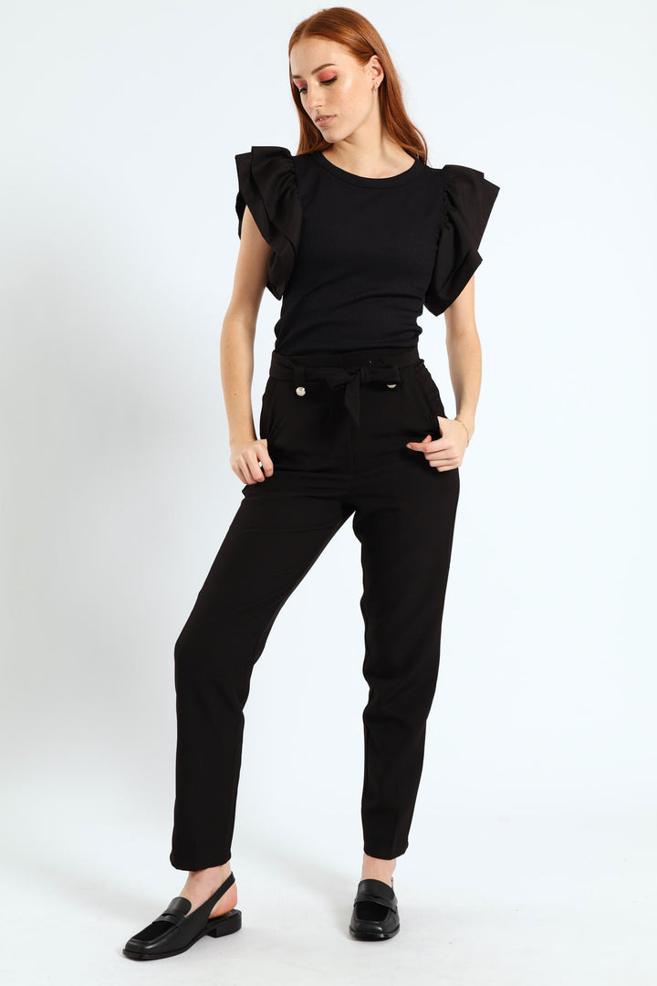 Paper Bag Belted Tapered Pants - Black