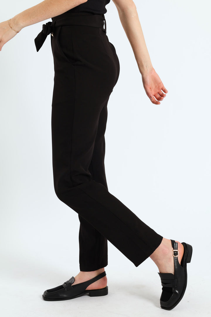 Paper Bag Belted Tapered Pants - Black