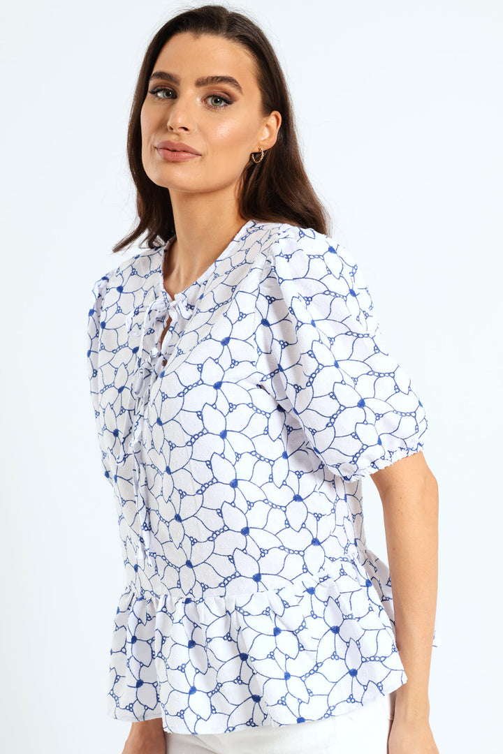 Two Tone Floral Lace Peplum Top - White/Blue