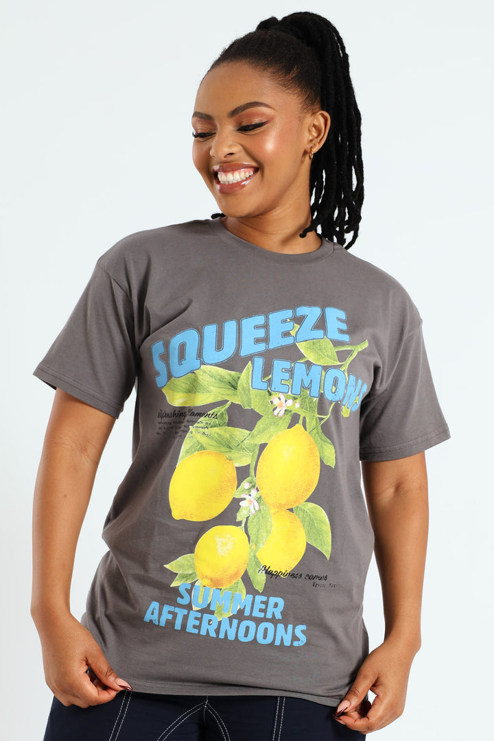 Lemon Printed Oversized Tee - Grey