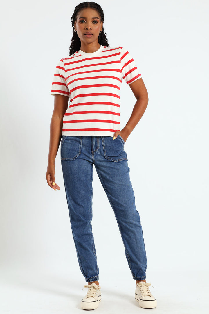 Boxy Stripe Tee With Plain Rib Neck - White/Red