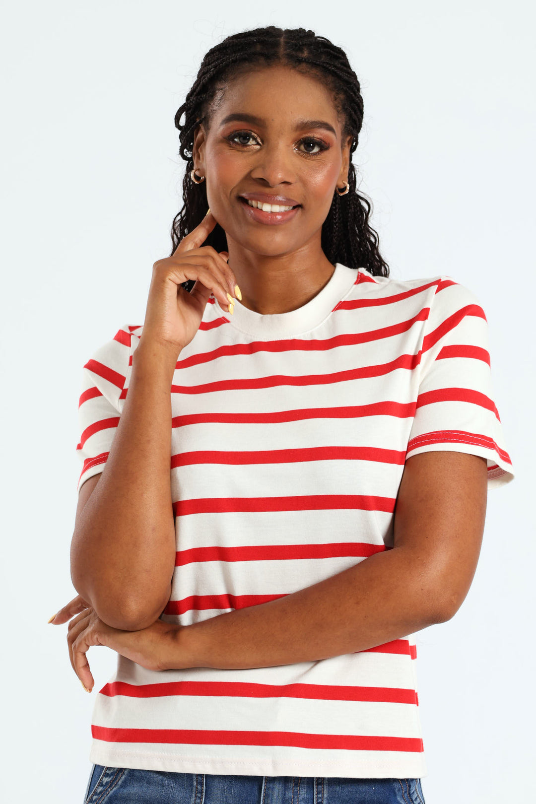 Boxy Stripe Tee With Plain Rib Neck - White/Red