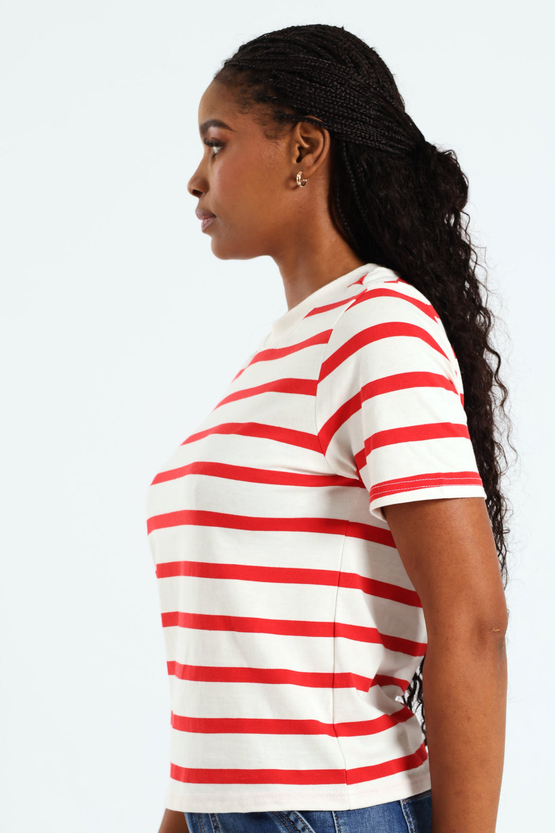 Boxy Stripe Tee With Plain Rib Neck - White/Red