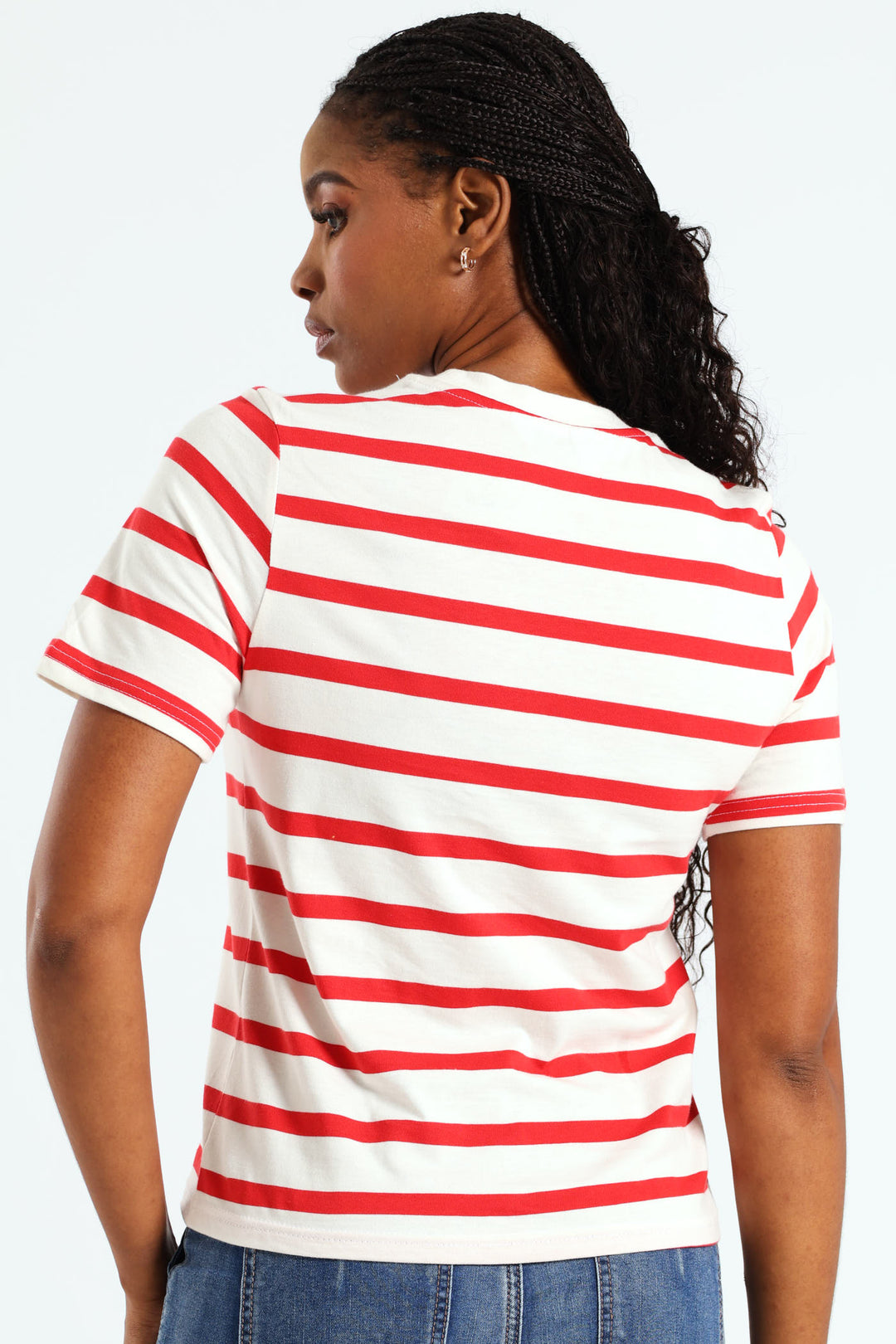 Boxy Stripe Tee With Plain Rib Neck - White/Red