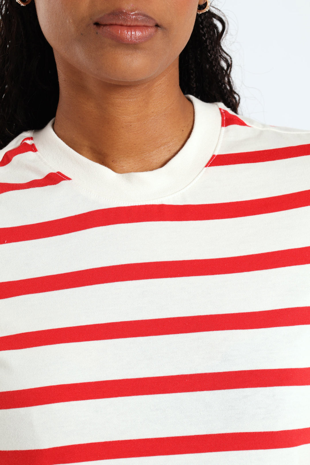 Boxy Stripe Tee With Plain Rib Neck - White/Red