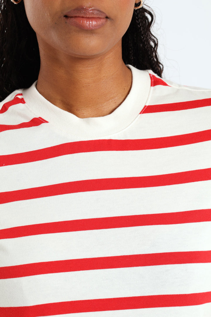 Boxy Stripe Tee With Plain Rib Neck - White/Red