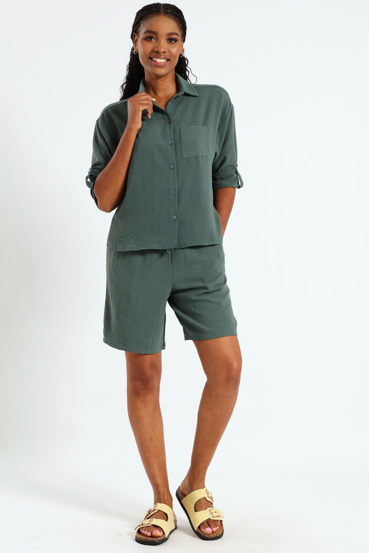 Relaxed Shirt With Tab & Button Detail - Forest Green