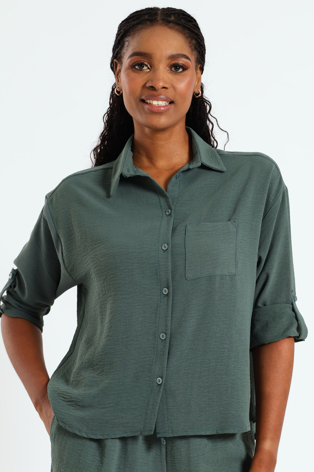 Relaxed Shirt With Tab & Button Detail - Forest Green