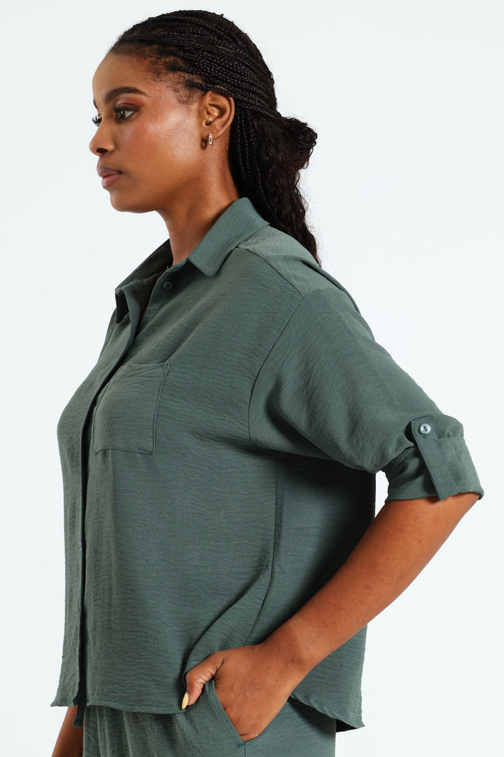 Relaxed Shirt With Tab & Button Detail - Forest Green