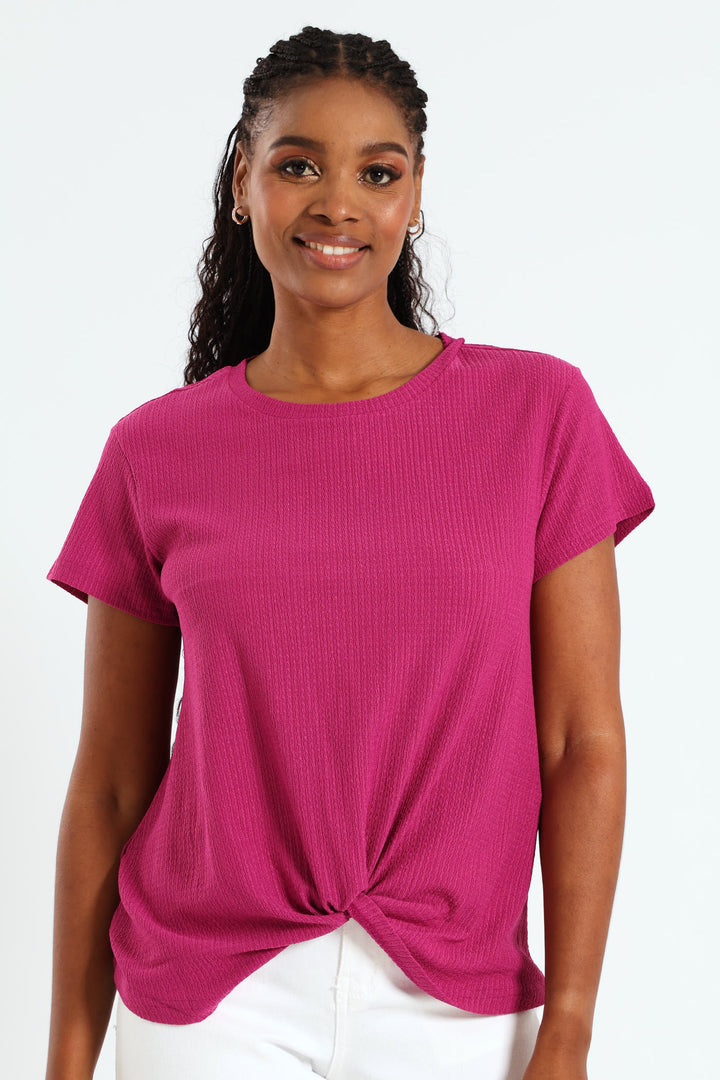 Knot Front Crinkle Tee - Magenta