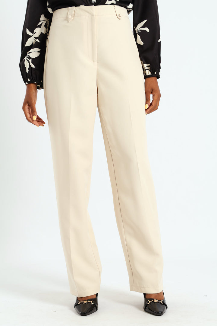 Button Tab Straight Leg Pants - Cream