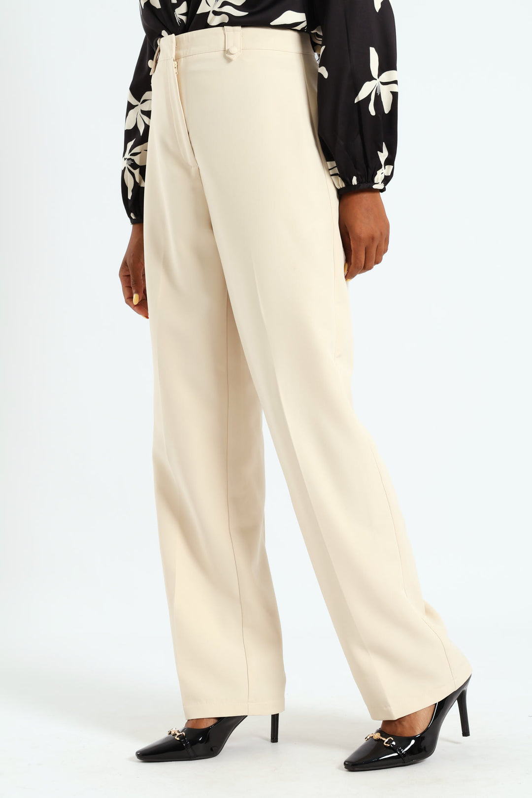 Button Tab Straight Leg Pants - Cream