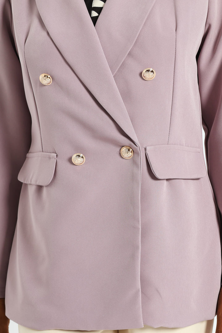 Double Breasted Pocket Long Length Blazer - Mauve