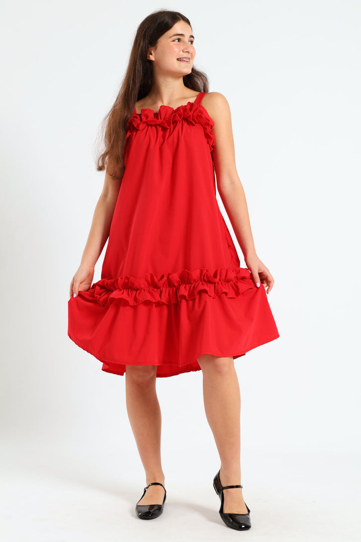 Girls Drop Tier Frilly Dress - Red