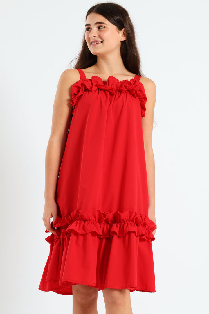 Girls Drop Tier Frilly Dress - Red