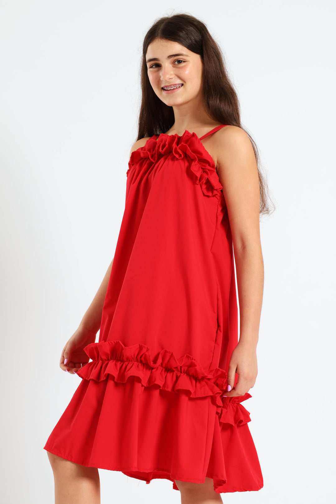 Girls Drop Tier Frilly Dress - Red