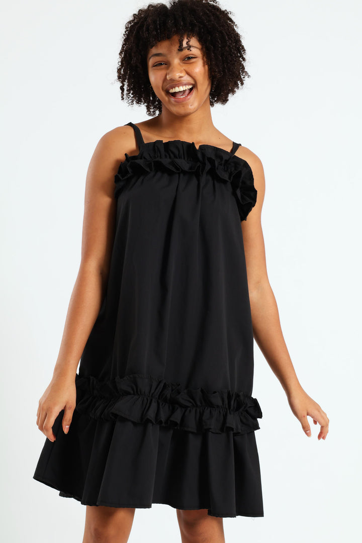 Girls Drop Tier Frilly Dress - Black