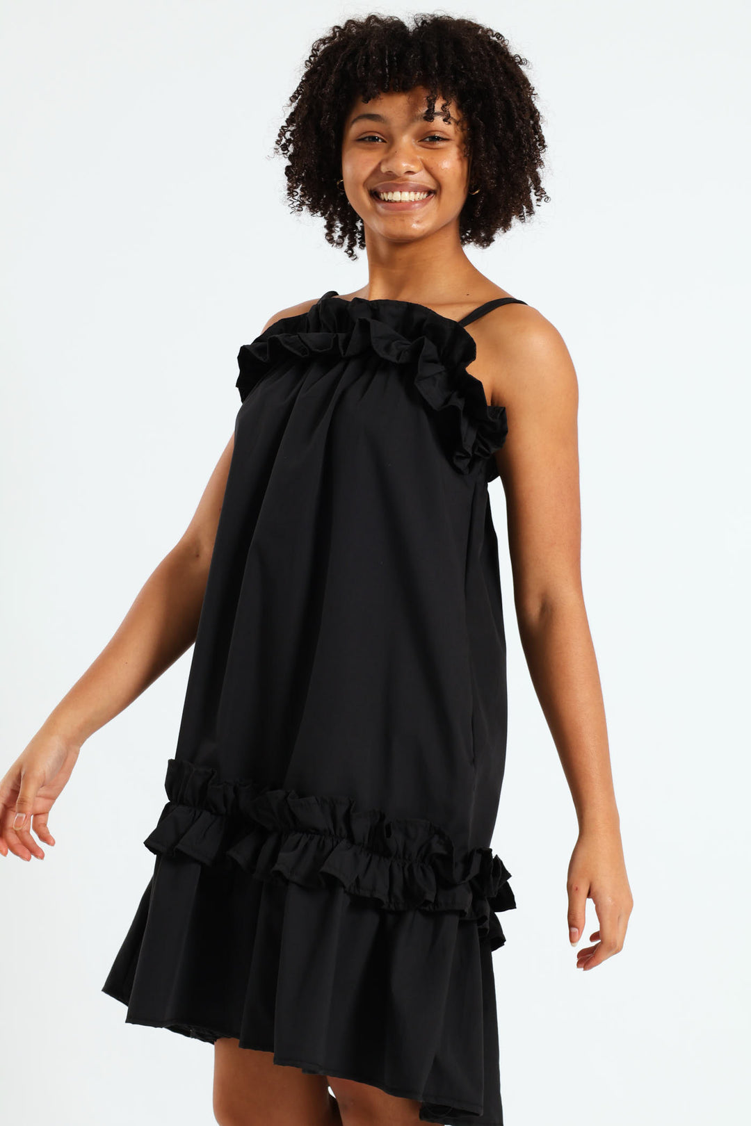 Girls Drop Tier Frilly Dress - Black