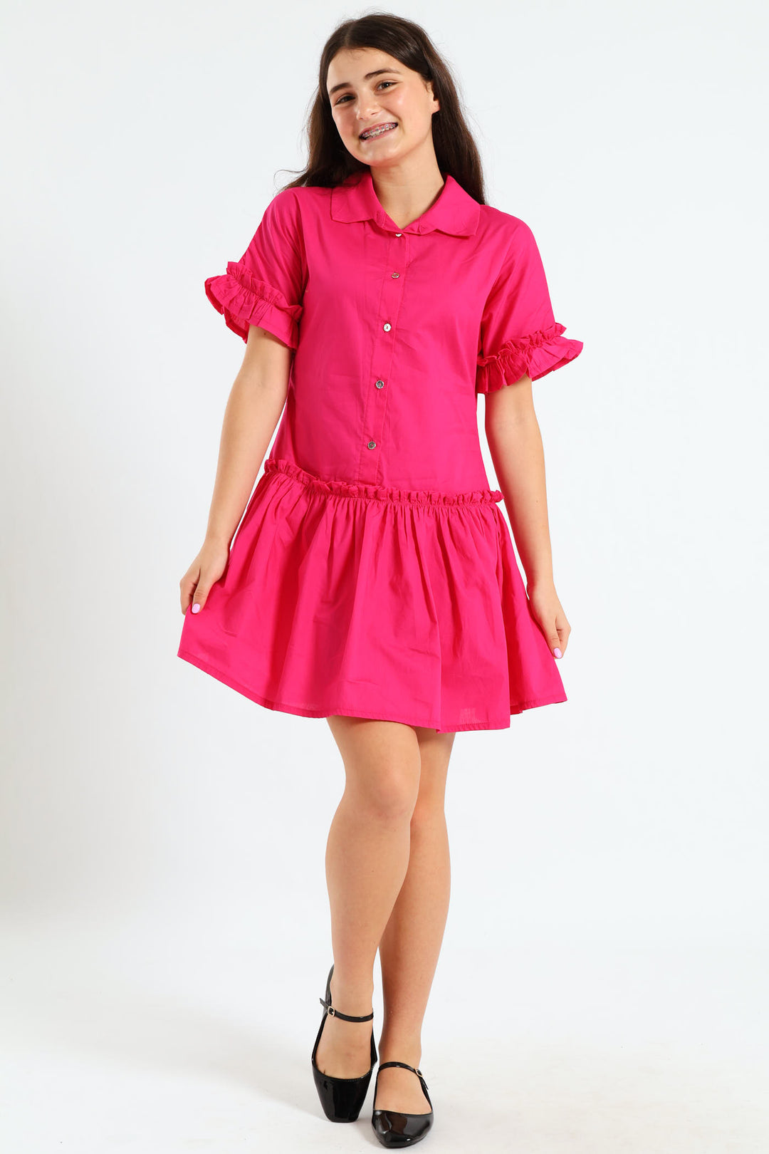 Girls Drop Tier Dress - Cerise