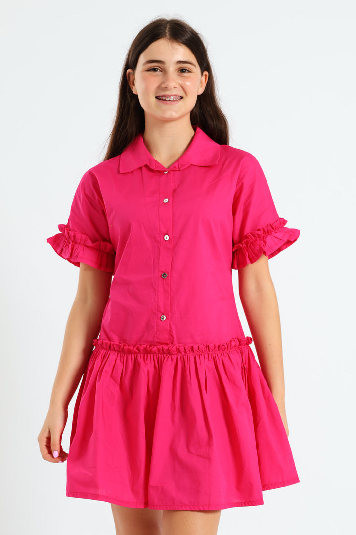 Girls Drop Tier Dress - Cerise