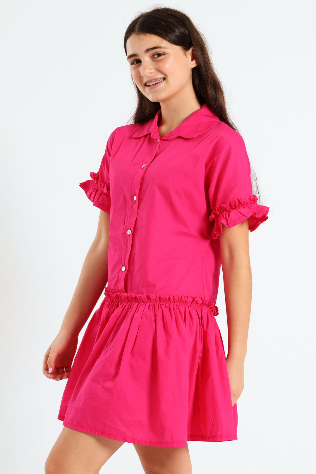 Girls Drop Tier Dress - Cerise