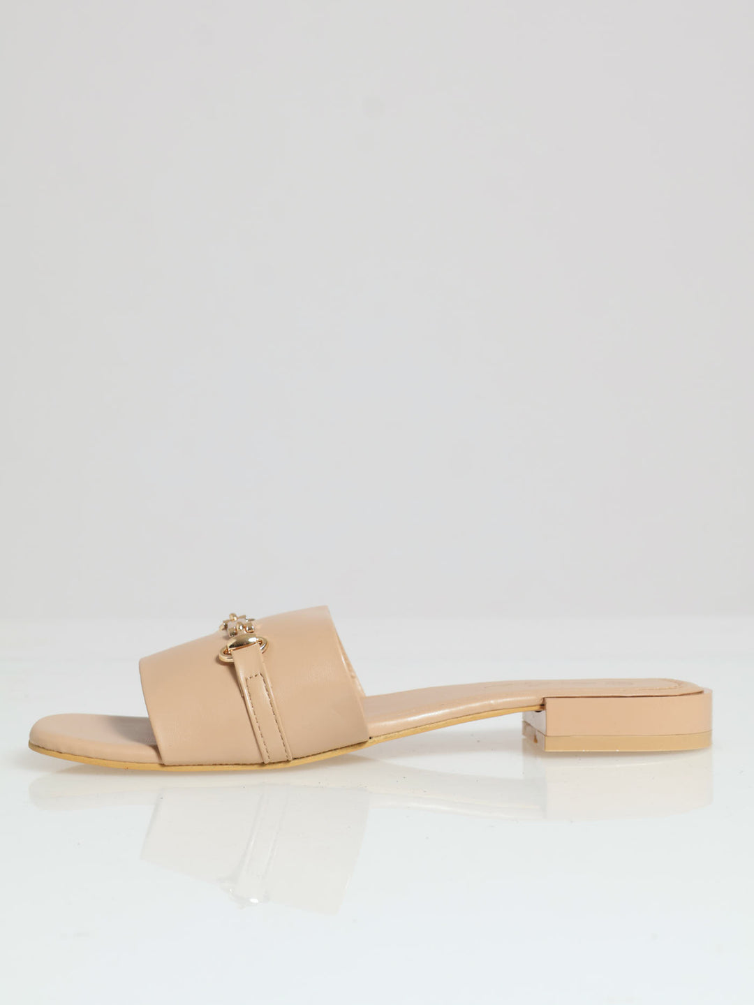 Metal Trim Wide Vamp Mule Sandal - Taupe