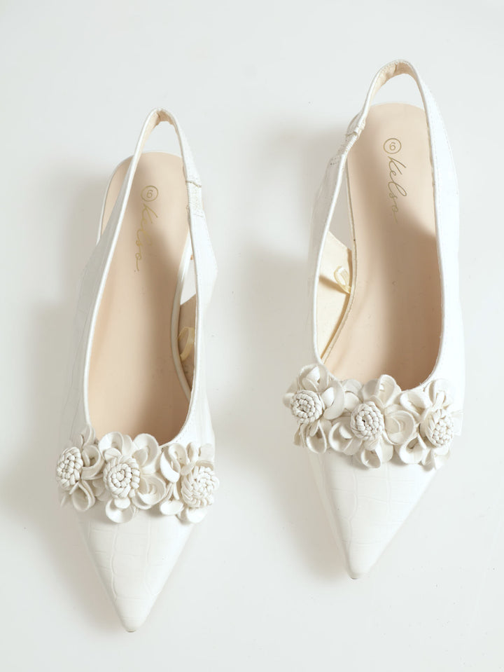 Pointy Croc Sling Back Sandal With Flowers - Off White