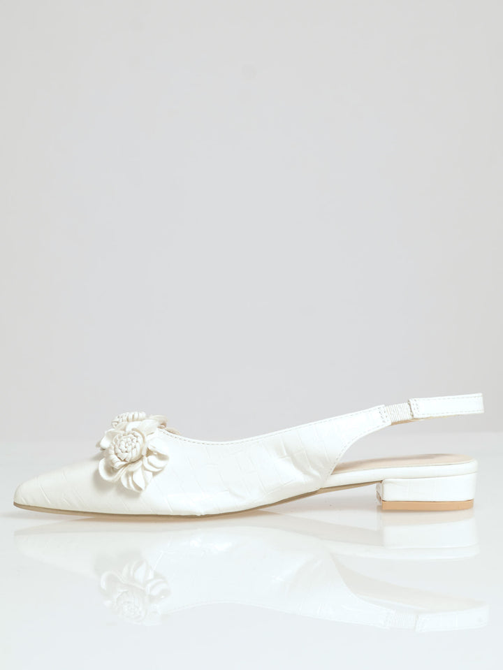 Pointy Croc Sling Back Sandal With Flowers - Off White