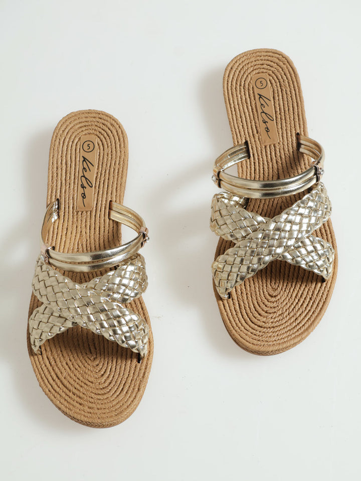 Weaved Crosstrap Mule Sandal - Gold