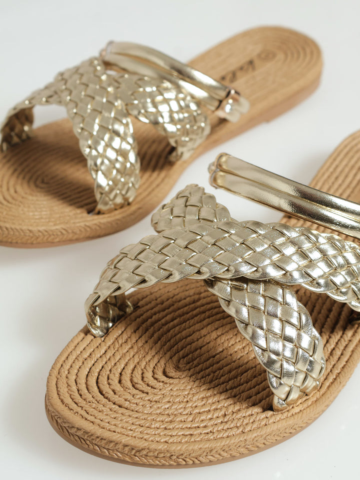 Weaved Crosstrap Mule Sandal - Gold