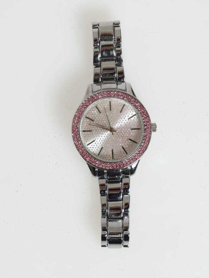 Pink Diamante Boyfriend Metal Strap Watch - Silver