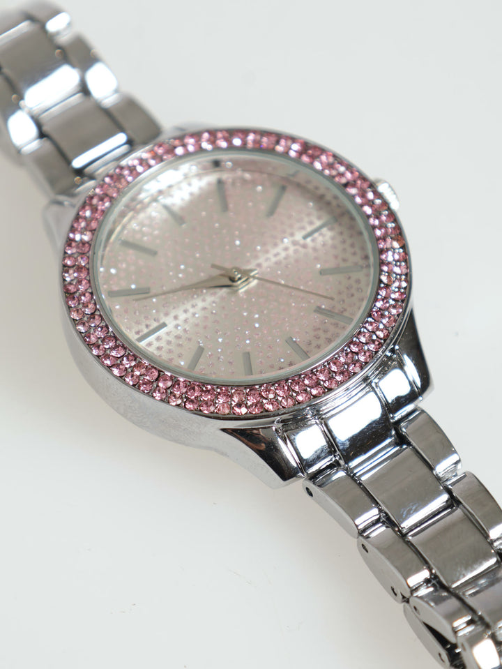 Pink Diamante Boyfriend Metal Strap Watch - Silver