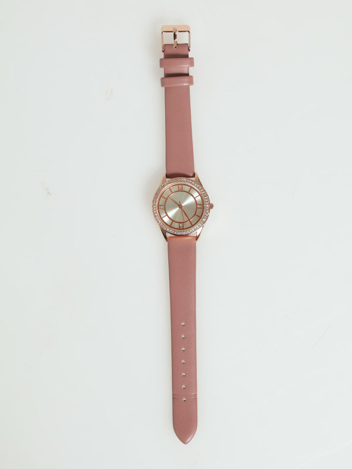 Round Diamante Mauve Strap Watch - Rose Gold