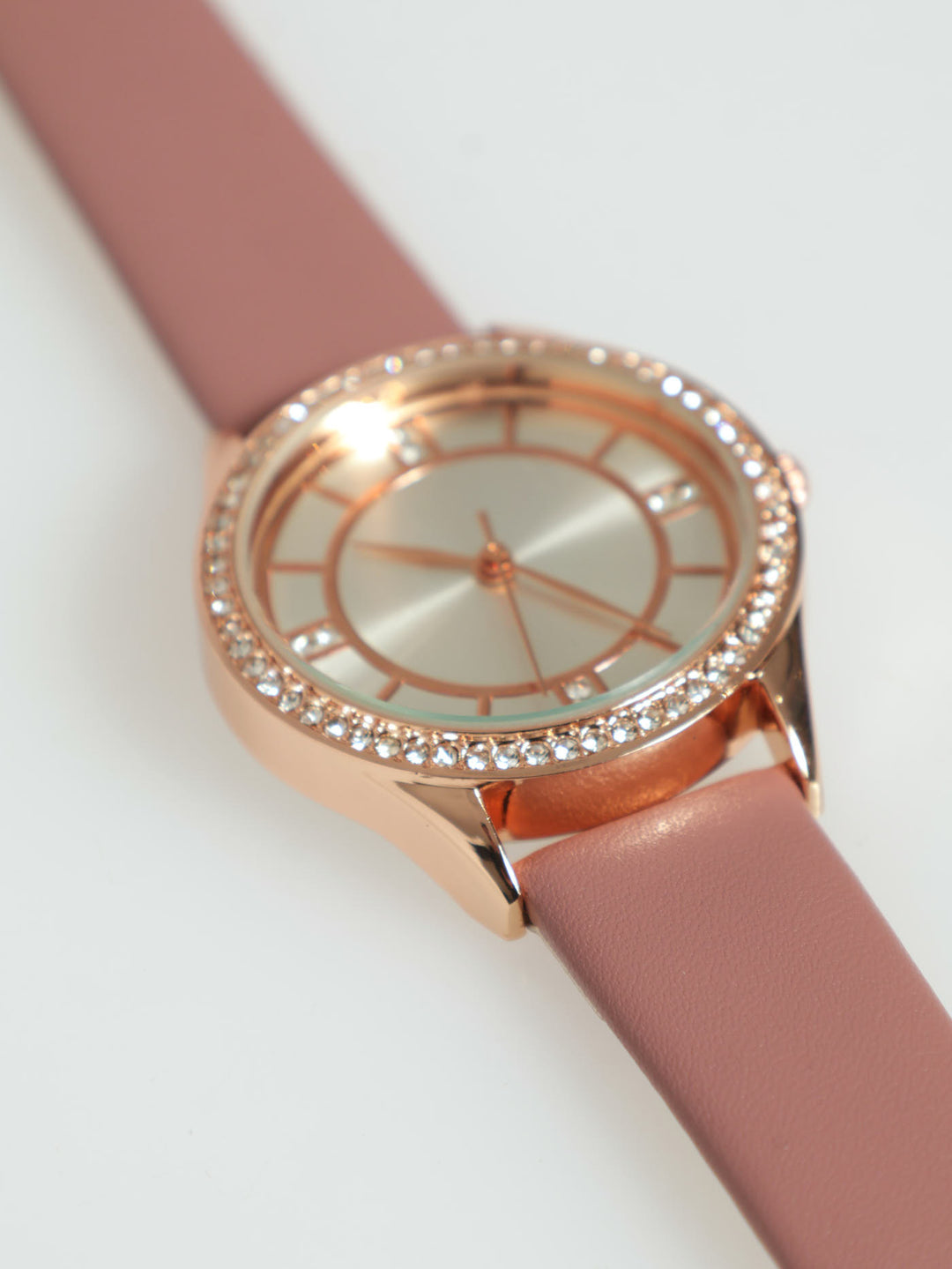 Round Diamante Mauve Strap Watch - Rose Gold