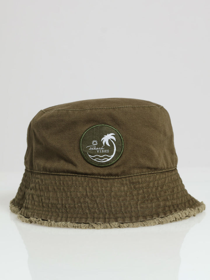 Boys Frayed Ebroidery Olive Bucket Hat