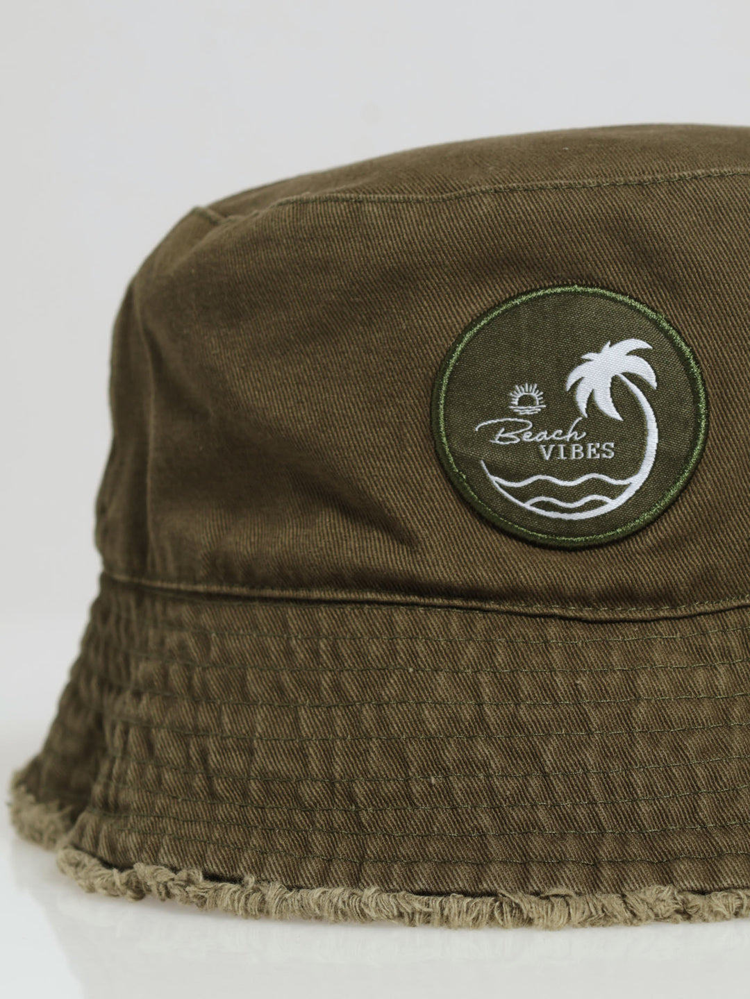 Boys Frayed Ebroidery Olive Bucket Hat