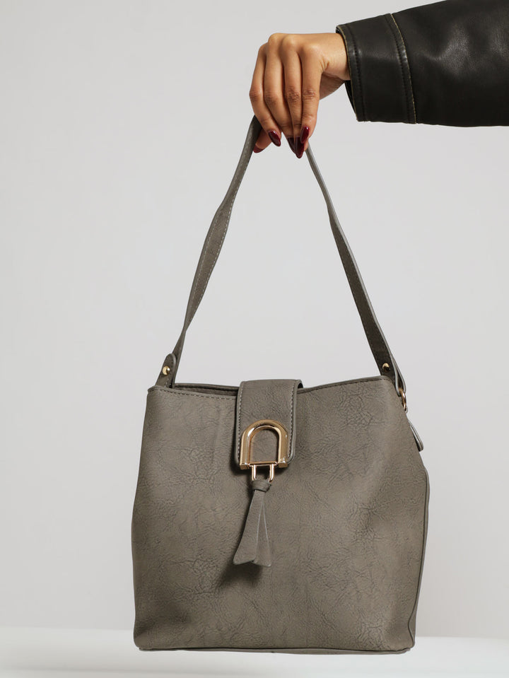 Gold Clasp Flap Shopper Bag - Dark Grey