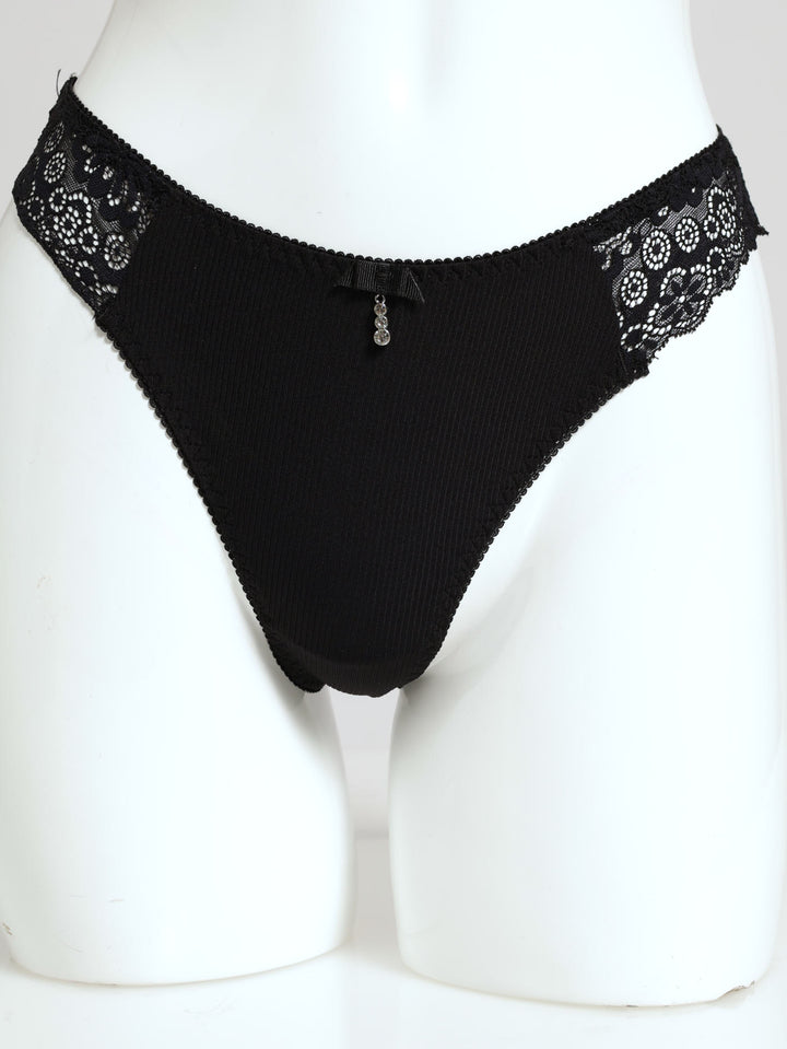 Microfibre Lace Thong - Black