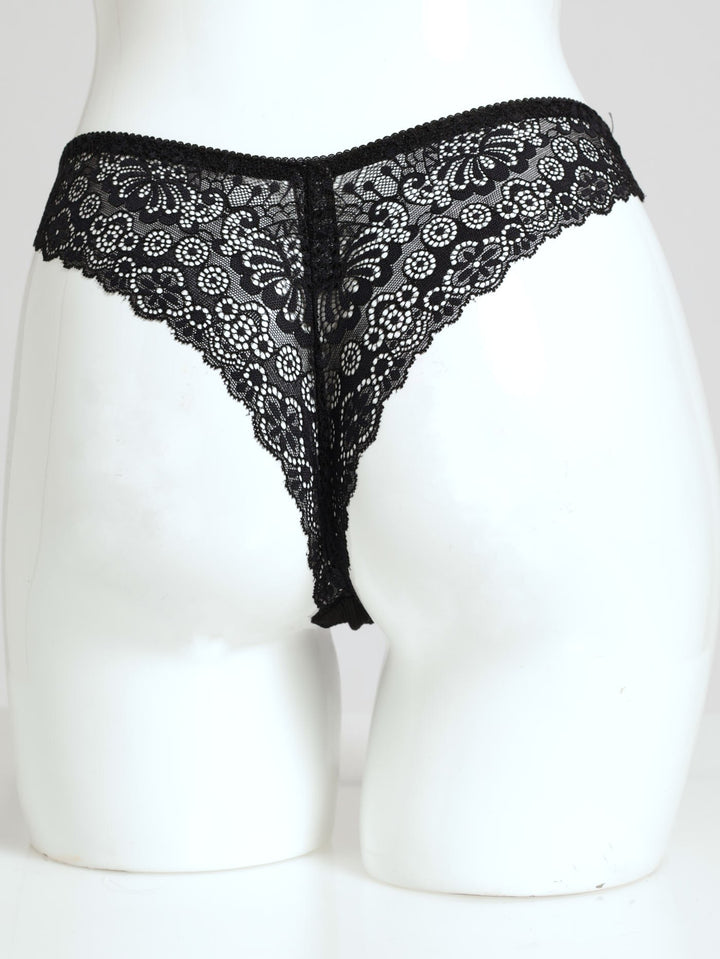 Microfibre Lace Thong - Black