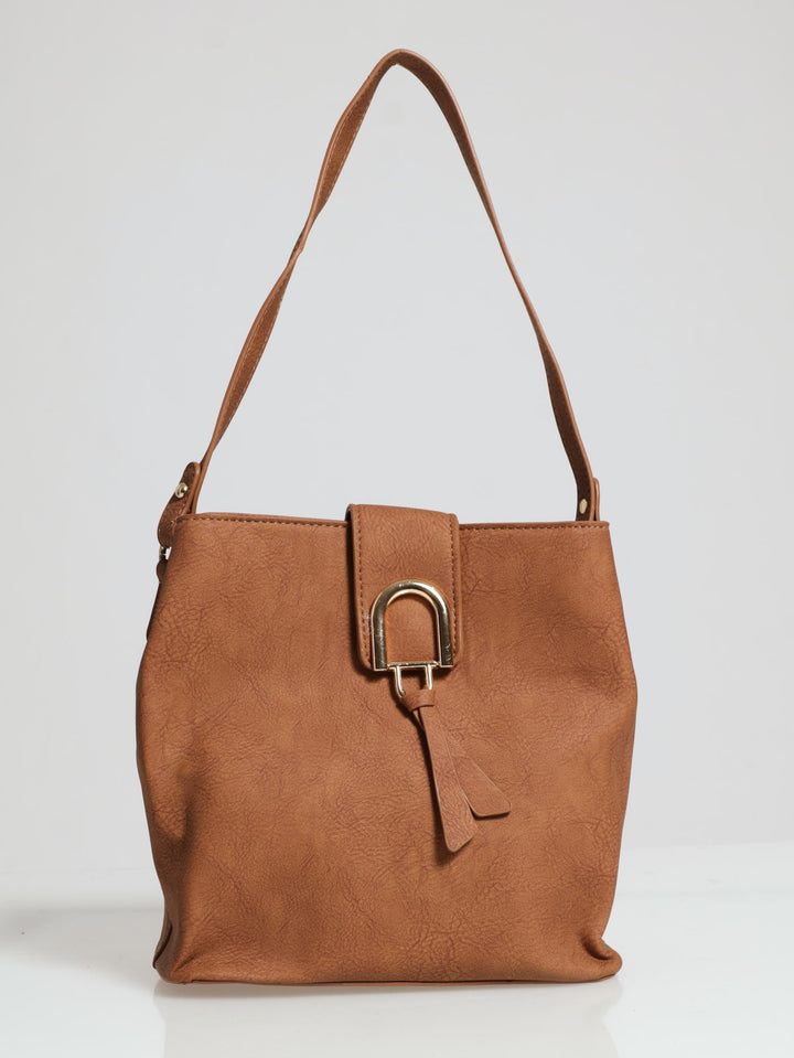 Gold Clasp Flap Shopper Bag - Tan