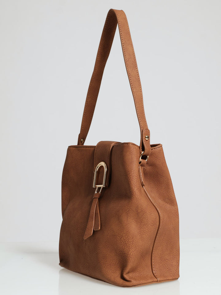 Gold Clasp Flap Shopper Bag - Tan