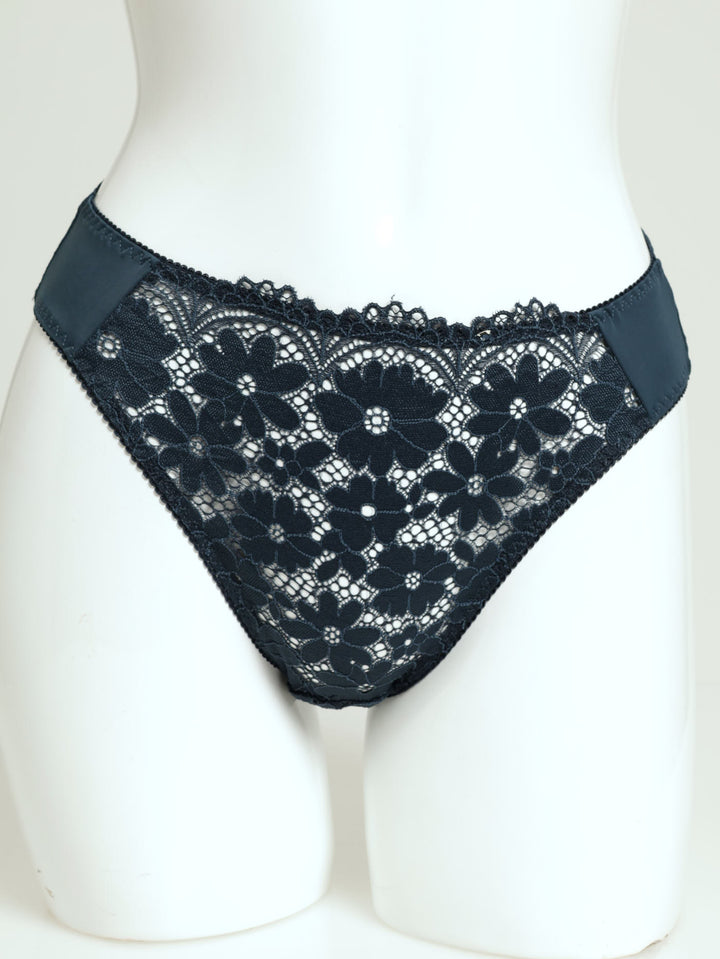 Microfibre/Lace Floral Hi-Cut Panty - Petrol