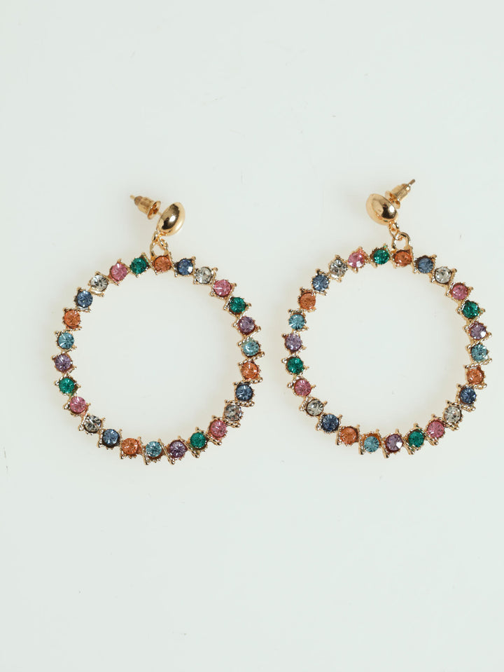 Round Colour Stone Drop Earring - Gold