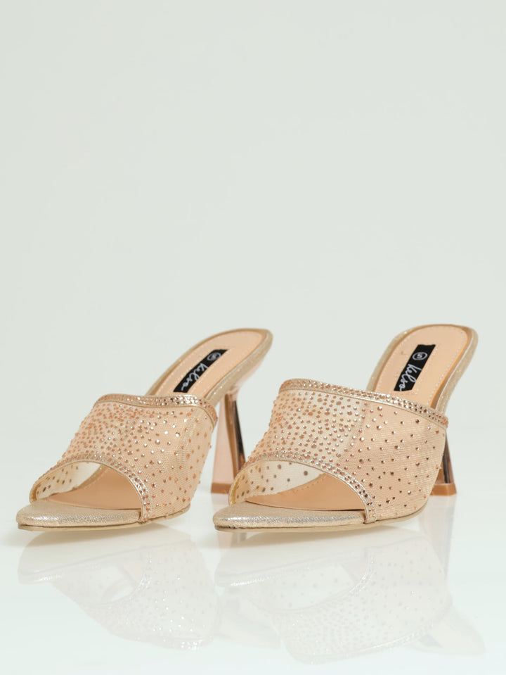 Wide Vamp Studded Mesh Pointy Mule Heel - Rose Gold