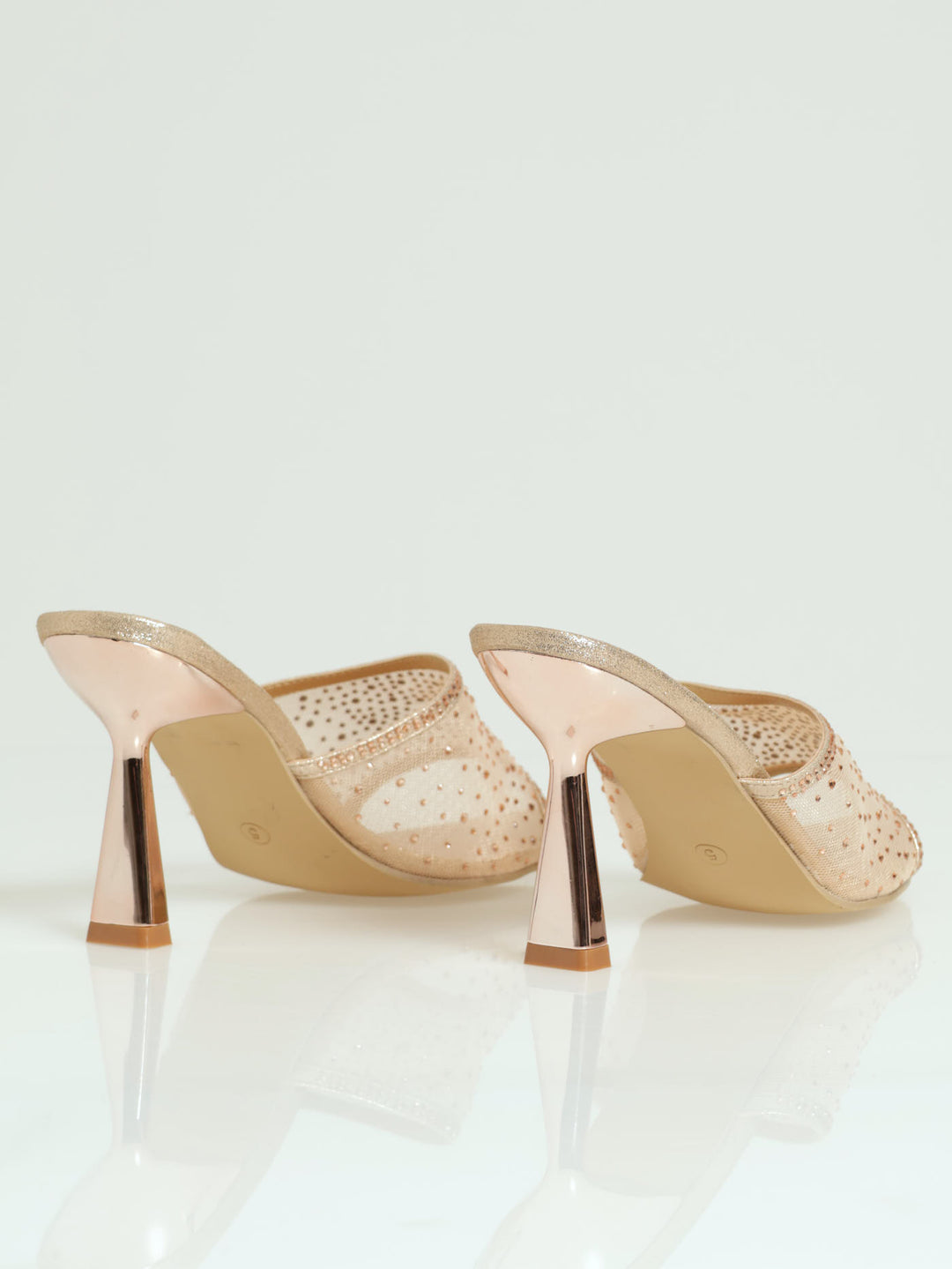 Wide Vamp Studded Mesh Pointy Mule Heel - Rose Gold