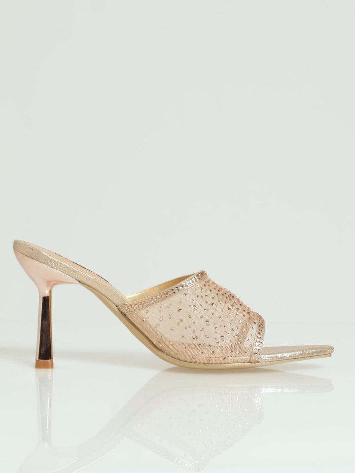 Wide Vamp Studded Mesh Pointy Mule Heel - Rose Gold