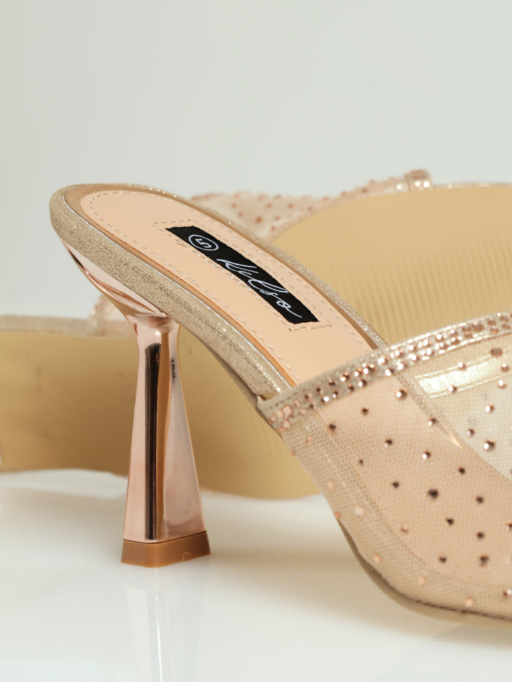 Wide Vamp Studded Mesh Pointy Mule Heel - Rose Gold