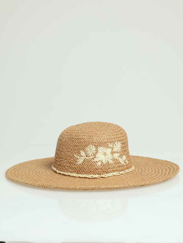 Floral Embroidery Straw Hat - Stone