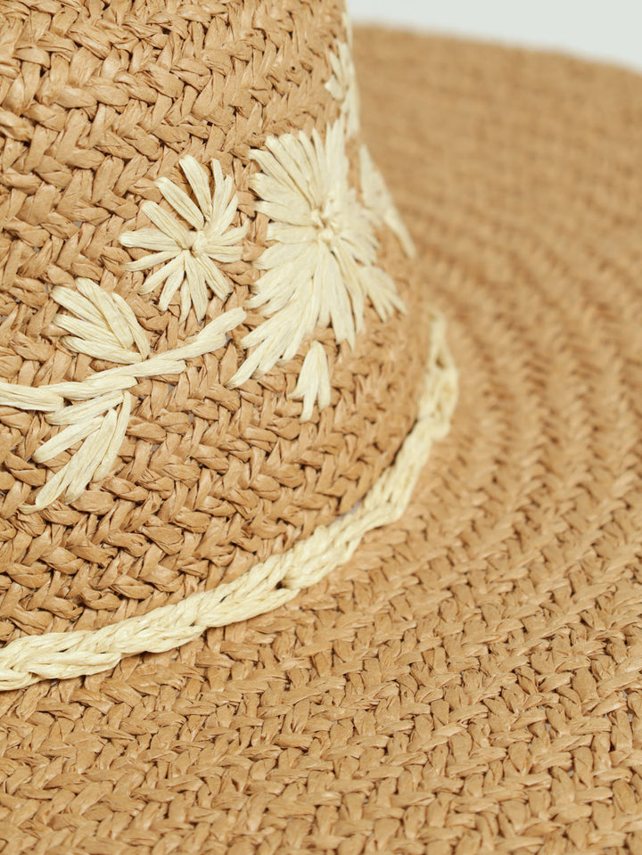 Floral Embroidery Straw Hat - Stone