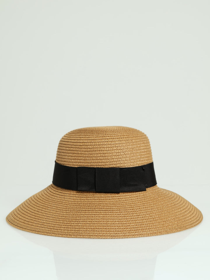 Black Ribbon Turned Down Straw Hat - Caramel